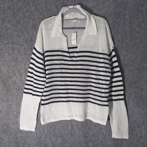 Gap Women Pullover Xl‎ White Striped Crochet Knit Collar Long Sleeve Nautical